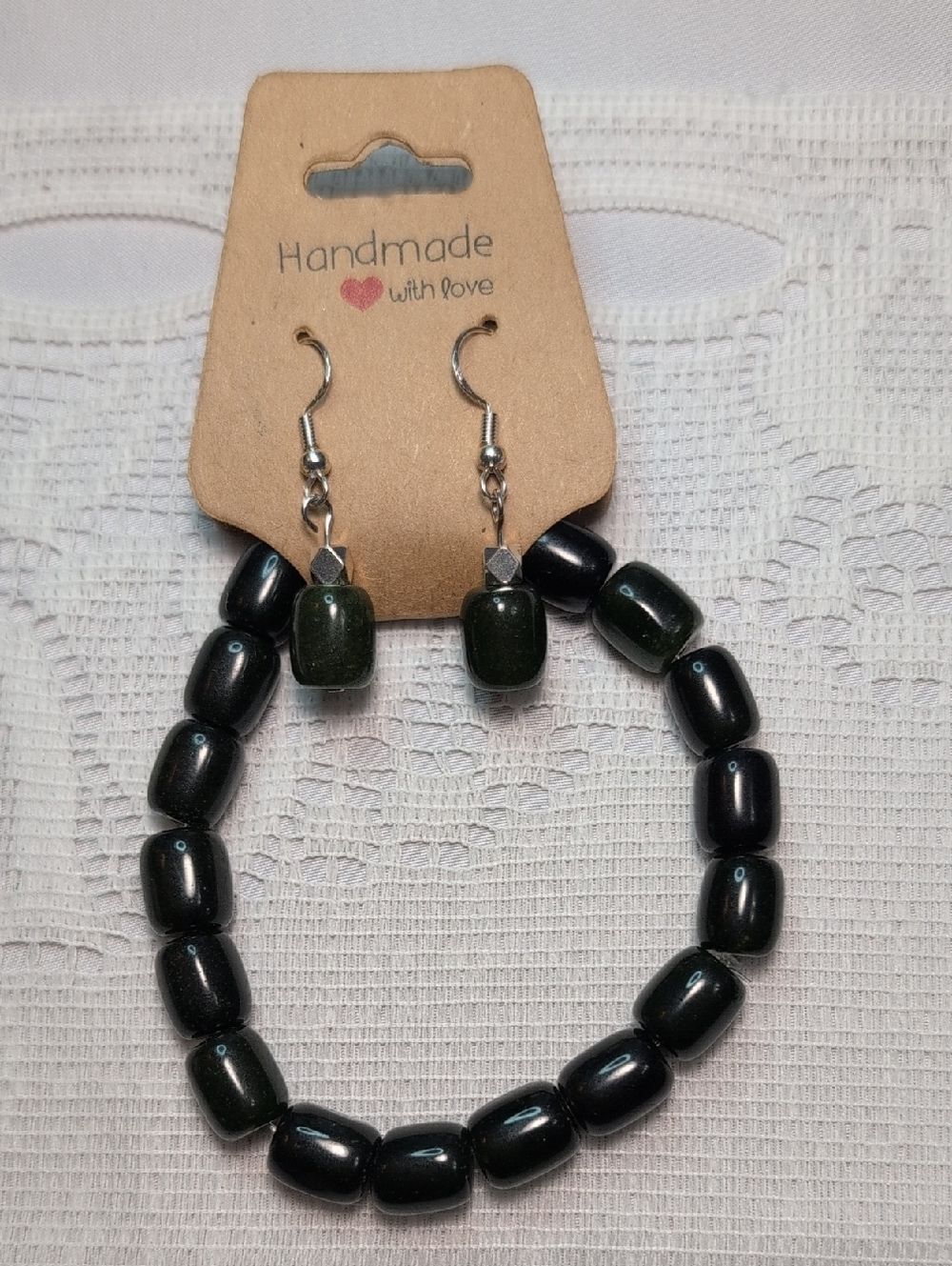 Handmade Deep Green African Jade Earring And Bracelet Set